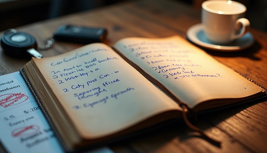 Open notebook with handwritten car buying notes and repair receipts on workbench