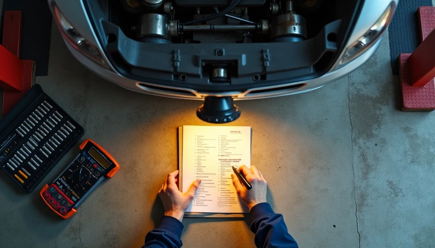 Mechanic inspecting underside of vehicle with flashlight and tools during used car check