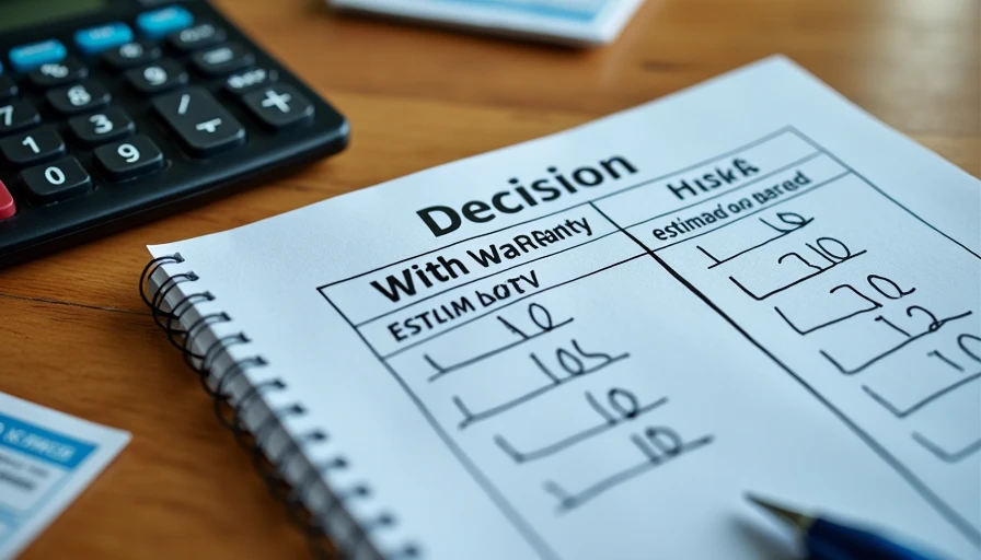 Handwritten extended warranty vs self-insure cost comparison with calculator and records