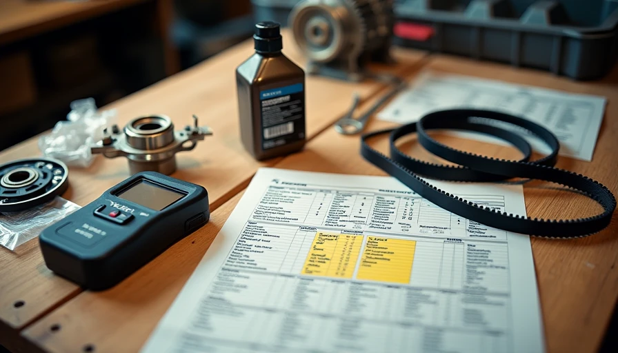 Vehicle maintenance parts, fluids and service schedule documents on workbench