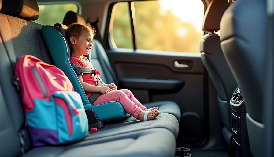 Rear interior of school-run vehicle with easy access car seat, backpack and storage