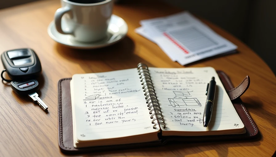 Open notebook with handwritten car ownership notes and keys on kitchen table