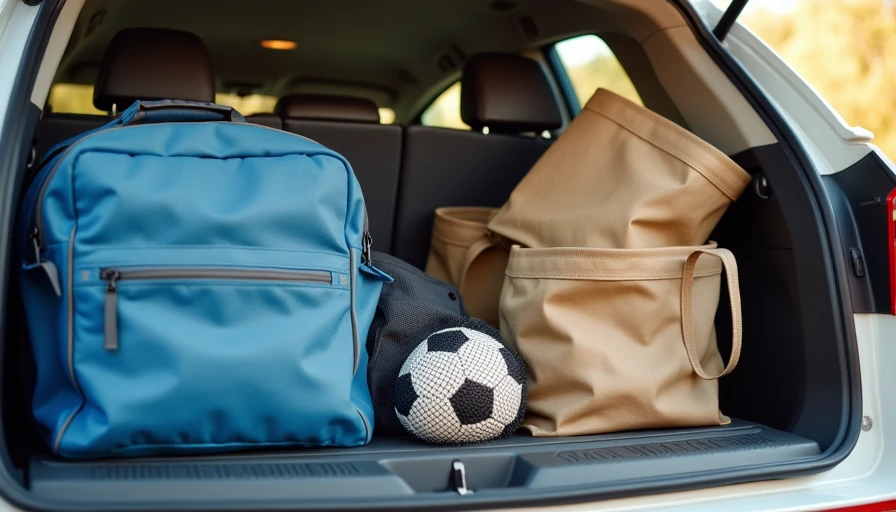 Open trunk of family vehicle loaded with stroller, sports bags and groceries showing real-world cargo space