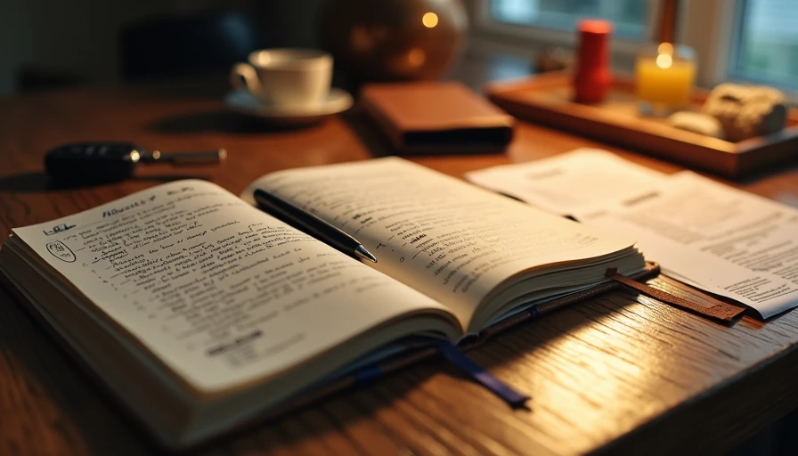Notebook with handwritten car buying reflections, keys and repair receipts on kitchen table