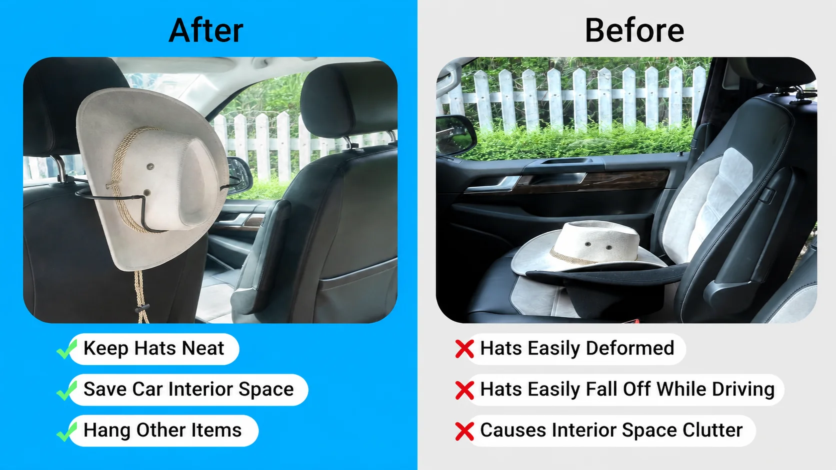 Before and after comparison of car cowboy hat holder showing organized space saving versus deformed hats on seats.