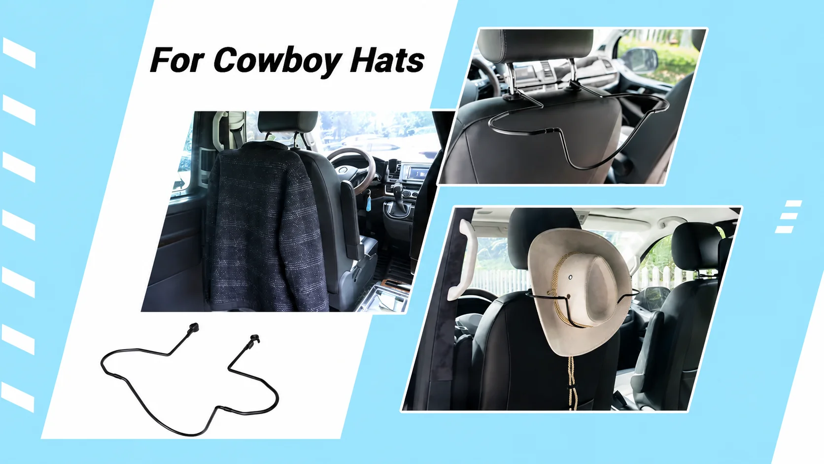 Multifunctional vehicle organizer rack for hanging cowboy hats, suit jackets, coats, and winter clothing on car headrests.
