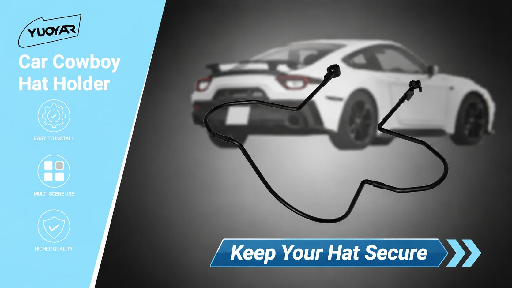 YUOVAR Car Cowboy Hat Holder banner featuring a secure black headrest mount rack and a Keep Your Hat Secure button.